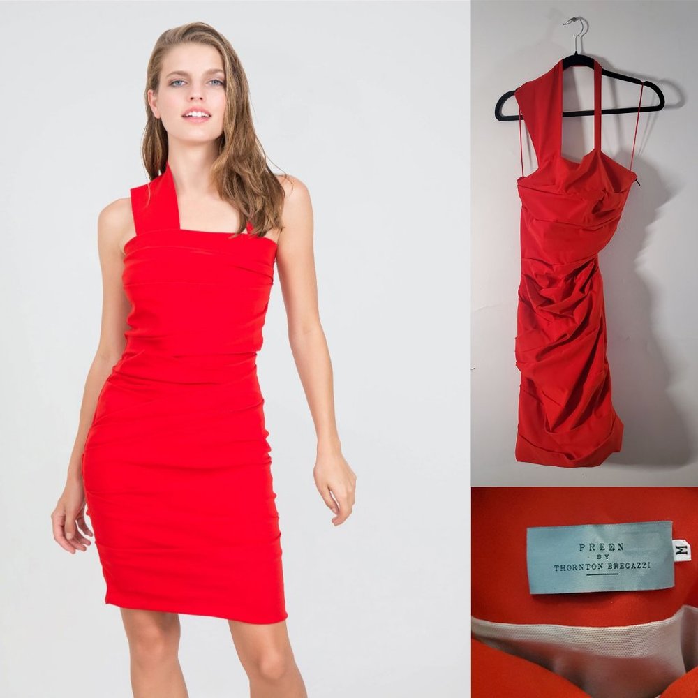 Preen by Thornton Bregazzi red ruched bodycon M asymmetrical style halter dress